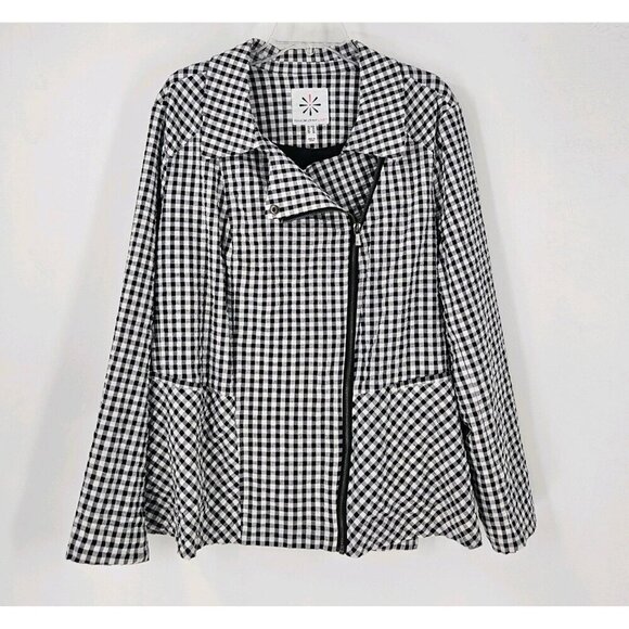 Isaac Mizrahi Live Black White Gingham Moto Style Asymmetrical Zip-Up Jacket 22W - Picture 1 of 5